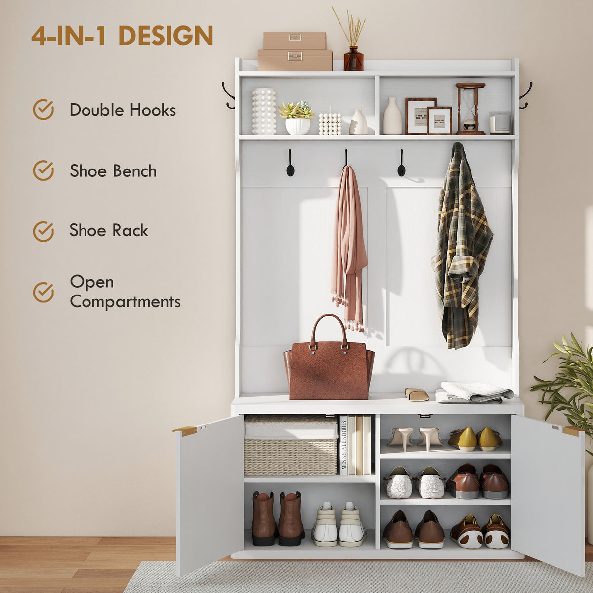 4-In-1 Hall Tree with Shoe Bench, Modern Coat Rack with Open Shelf for Hallway, Entryway, Bedroom, Living Room, White