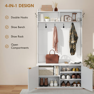 4-In-1 Hall Tree with Shoe Bench, Modern Coat Rack with Open Shelf for Hallway, Entryway, Bedroom, Living Room, White