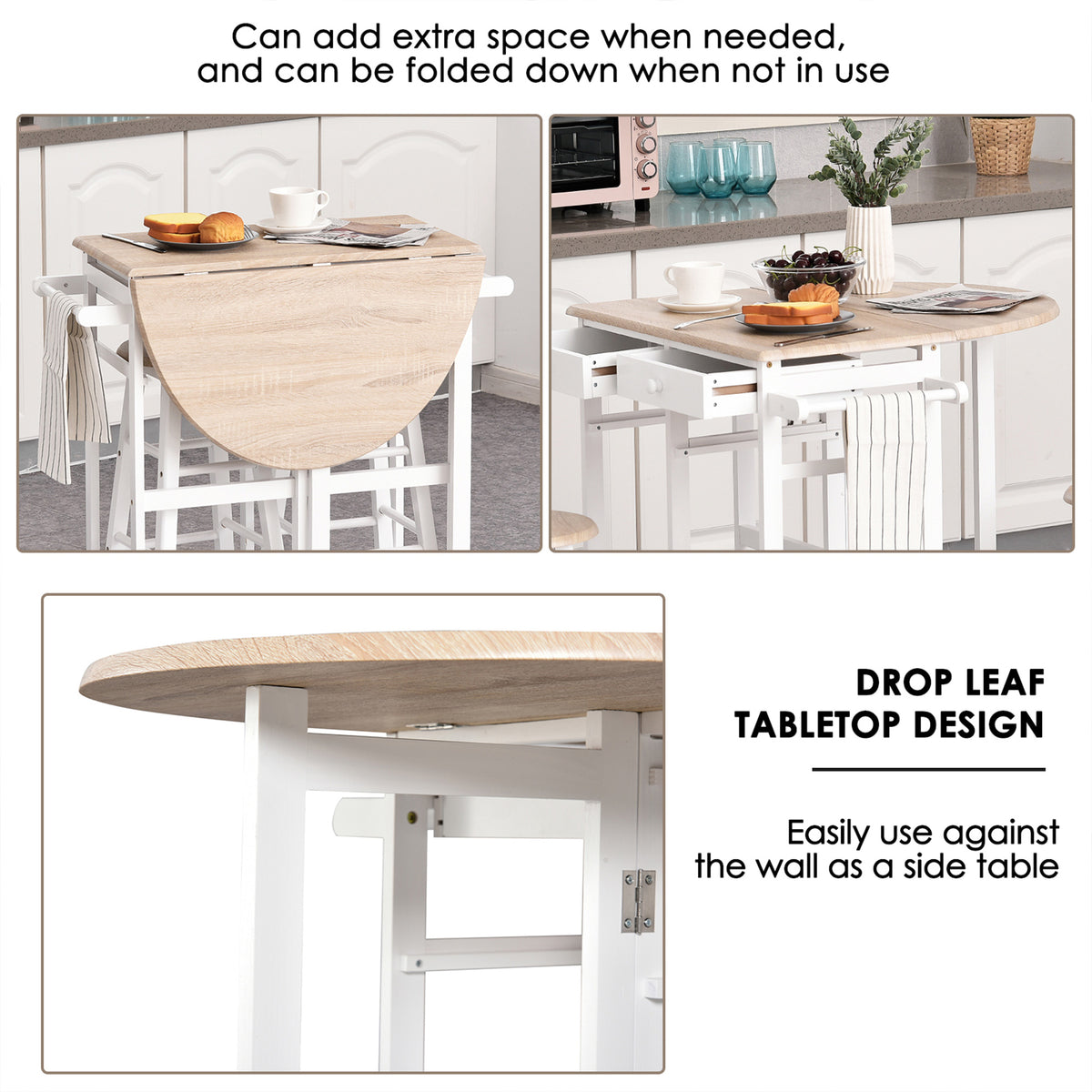 Kitchen Trolley 3 Piece Kitchen Cart Set Drop Leaf Breakfast Table and 2 Stools w/ Rolling Wheels & Towel Bars, Wood & White