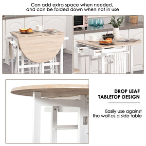 Kitchen Trolley 3 Piece Kitchen Cart Set Drop Leaf Breakfast Table and 2 Stools w/ Rolling Wheels & Towel Bars, Wood & White