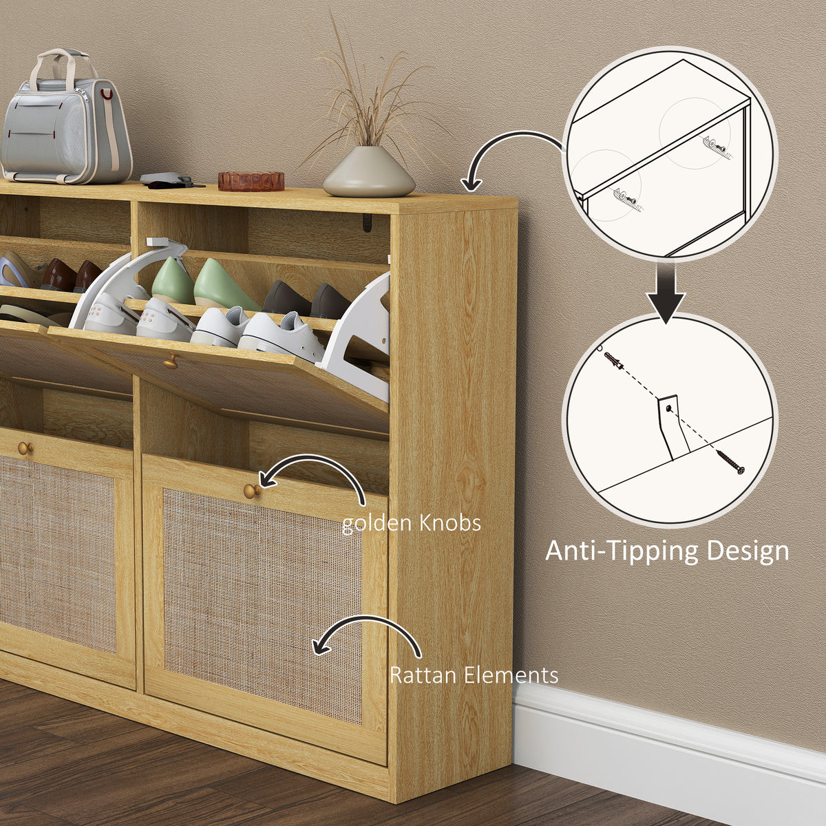 Narrow Shoe Storage Cabinet, Rattan Shoe Cabinet with 4 Flip Drawers and Adjustable Shelves for 20 Pairs – view 5