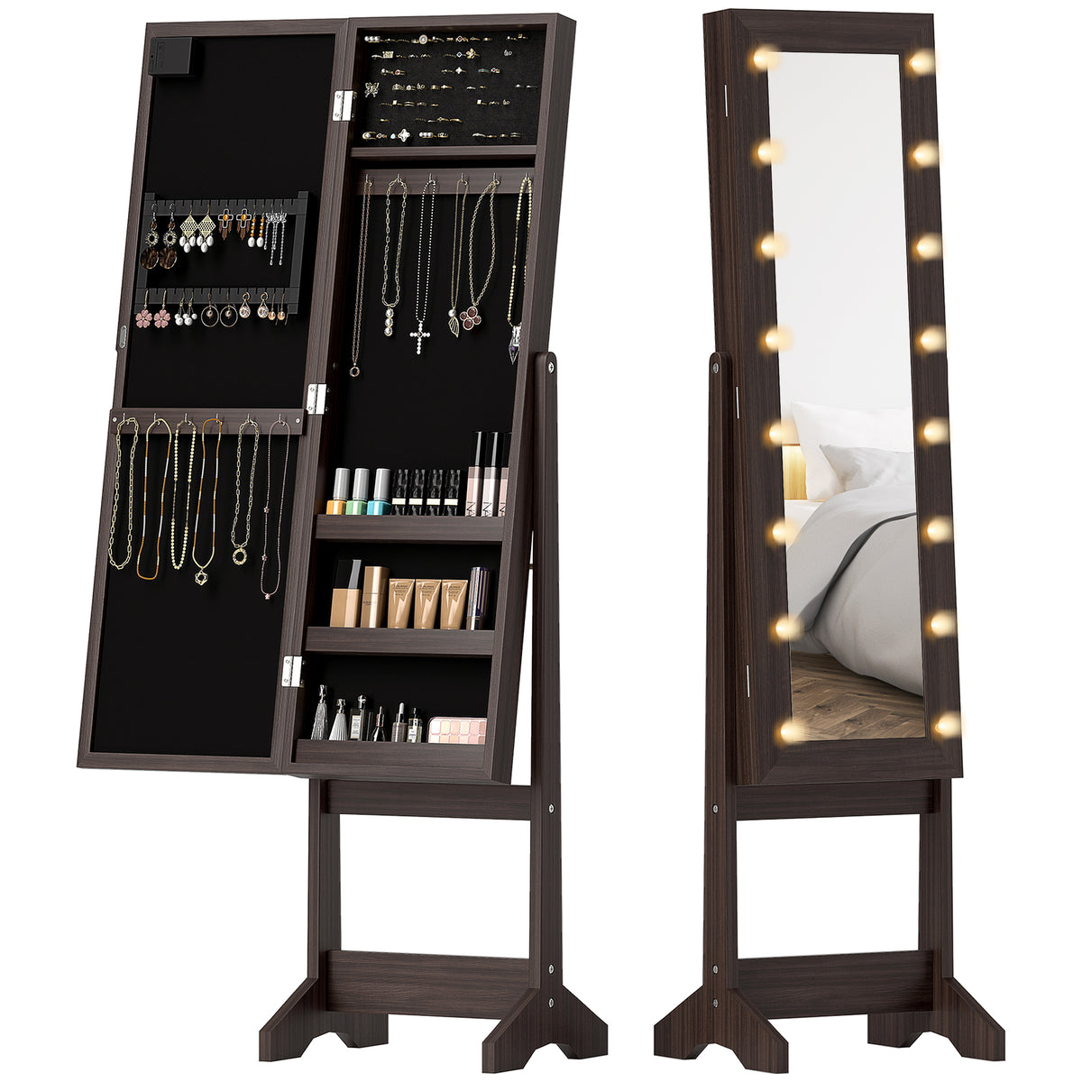Free Standing Armoire Organizer, Lighted Mirrored Jewelry Cabinet w/ Angle Adjustable & 16 LED Lights Warm – view 8