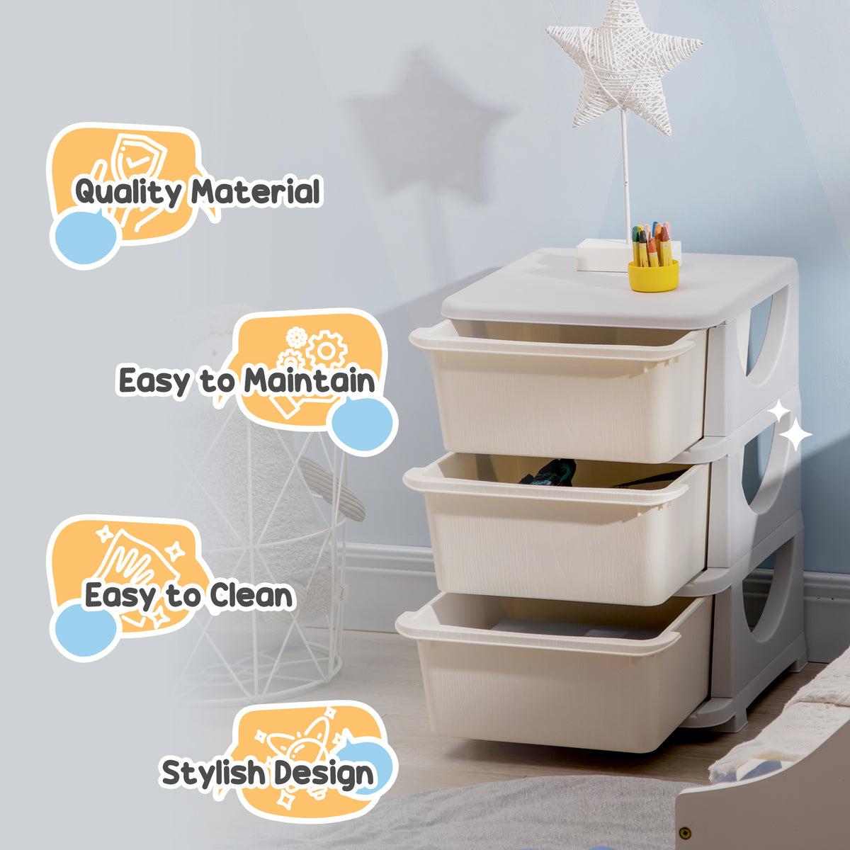 3 Tier Kids Toy Organizer and Storage Bins with 3 Plastic Drawers, Blue