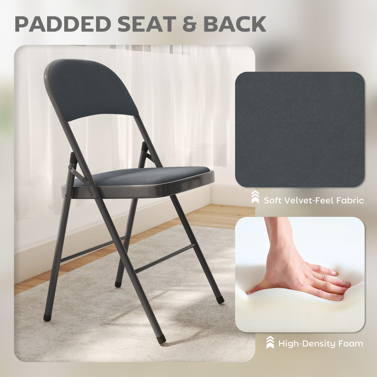 4 Pack Folding Chairs with Padded Seats, Velvet Portable Party Chairs with Steel Frame, Beige – view 11