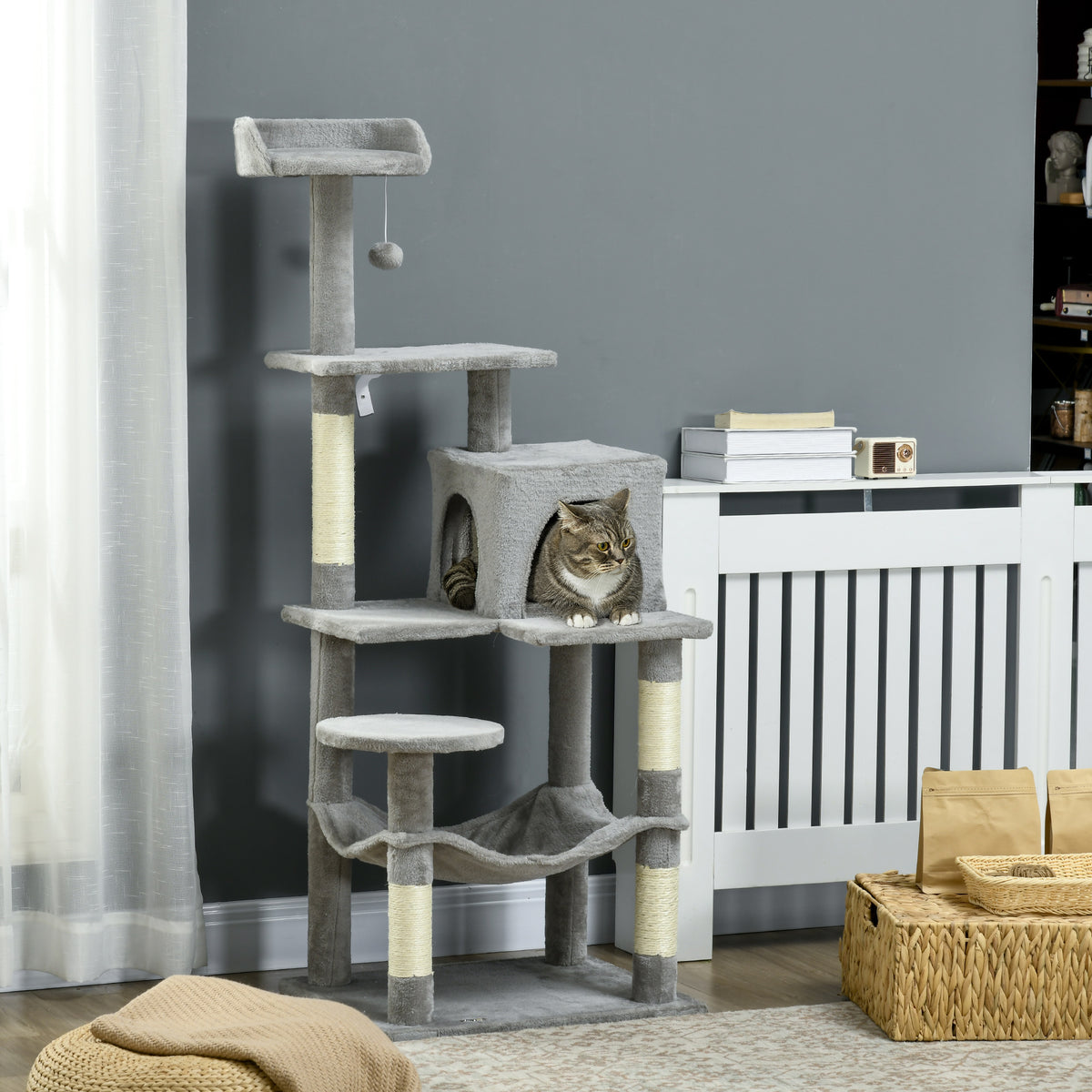 Tall Cat Tree for Indoor Cats, 56" Multi-Level Cat Tower with Hammock, Cat Bed, Cat Condo with Sisal Scratching Posts, Grey