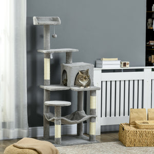 Tall Cat Tree for Indoor Cats, 56" Multi-Level Cat Tower with Hammock, Cat Bed, Cat Condo with Sisal Scratching Posts, Grey