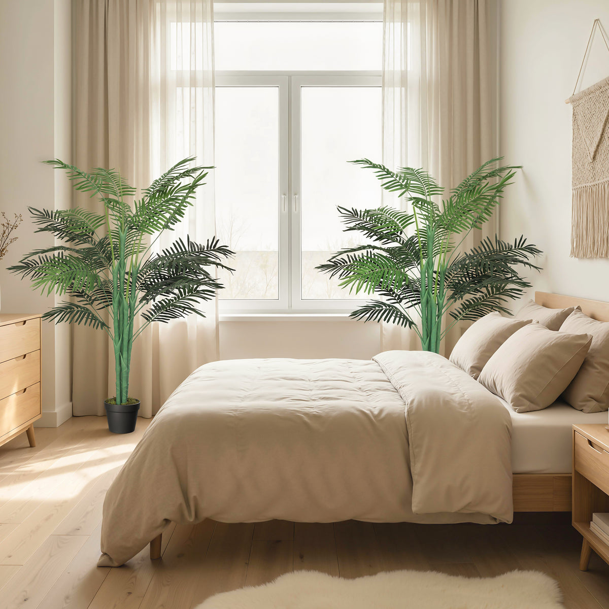 5FT Artificial Palm Tree Set of 2, Fake Tropical Tree with Lifelike Leaves, Faux Plant in Pot for Indoor Decoration, Green