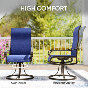 Patio Dining Chairs Set of 2, 360° Swivel Rocking Outdoor Chairs with Armrests, Breathable Mesh, Navy Blue