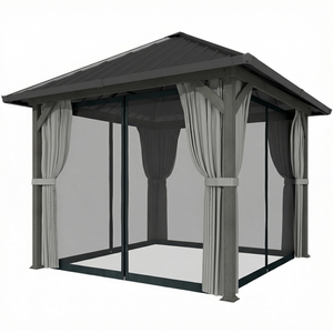 10' x 10' Hardtop Gazebo with Galvanized Steel Roof, Permanent Garden Gazebo with Netting and Curtains