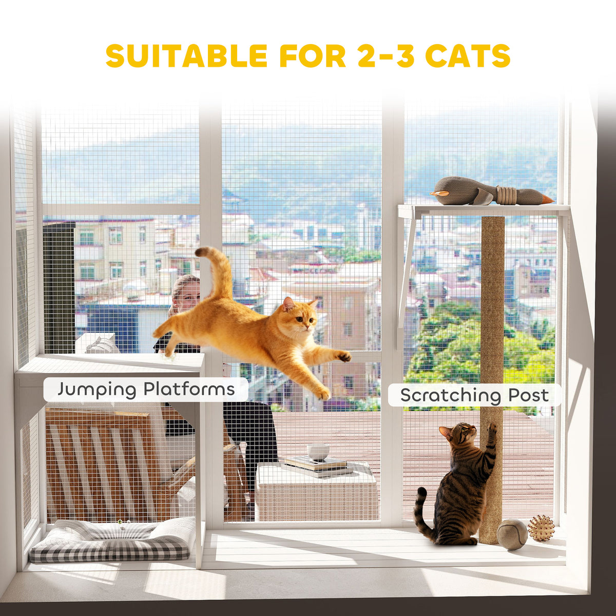 Wooden Catio Outdoor, Cat Window Box Enclosure for 2-3 Large Cats with 2 Jumping Platforms & Scratching – view 18