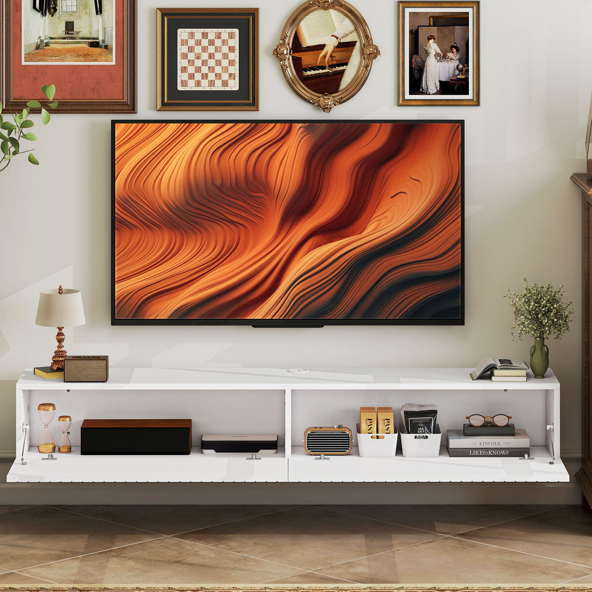71" Floating TV Stand for TVs up to 72 Inch, Wall Mount Media Console with 2 Fluted Flip-Down Doors – view 27