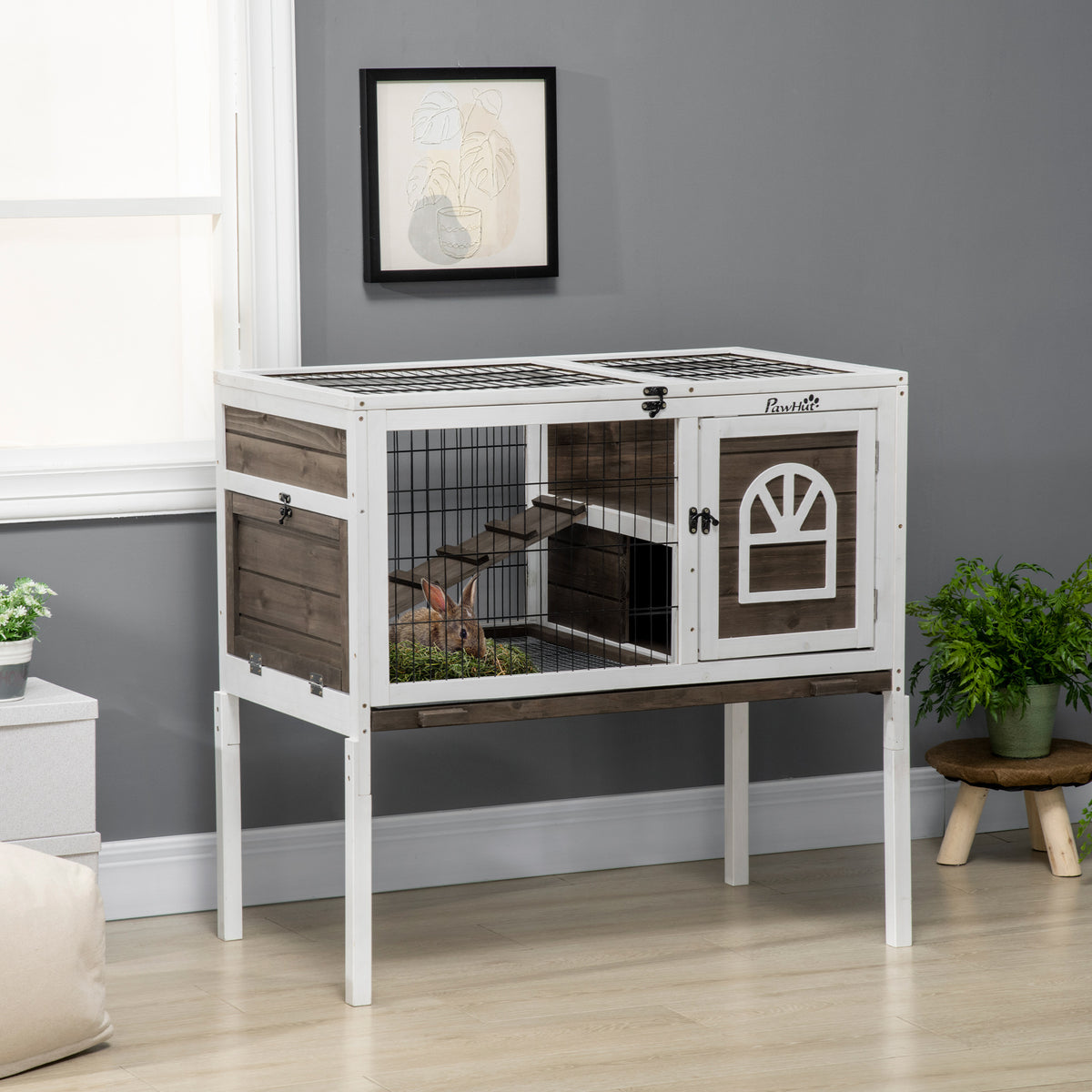 Rabbit Hutch Dual-Height Design Bunny House with Run Slide-Out Tray White and Coffee