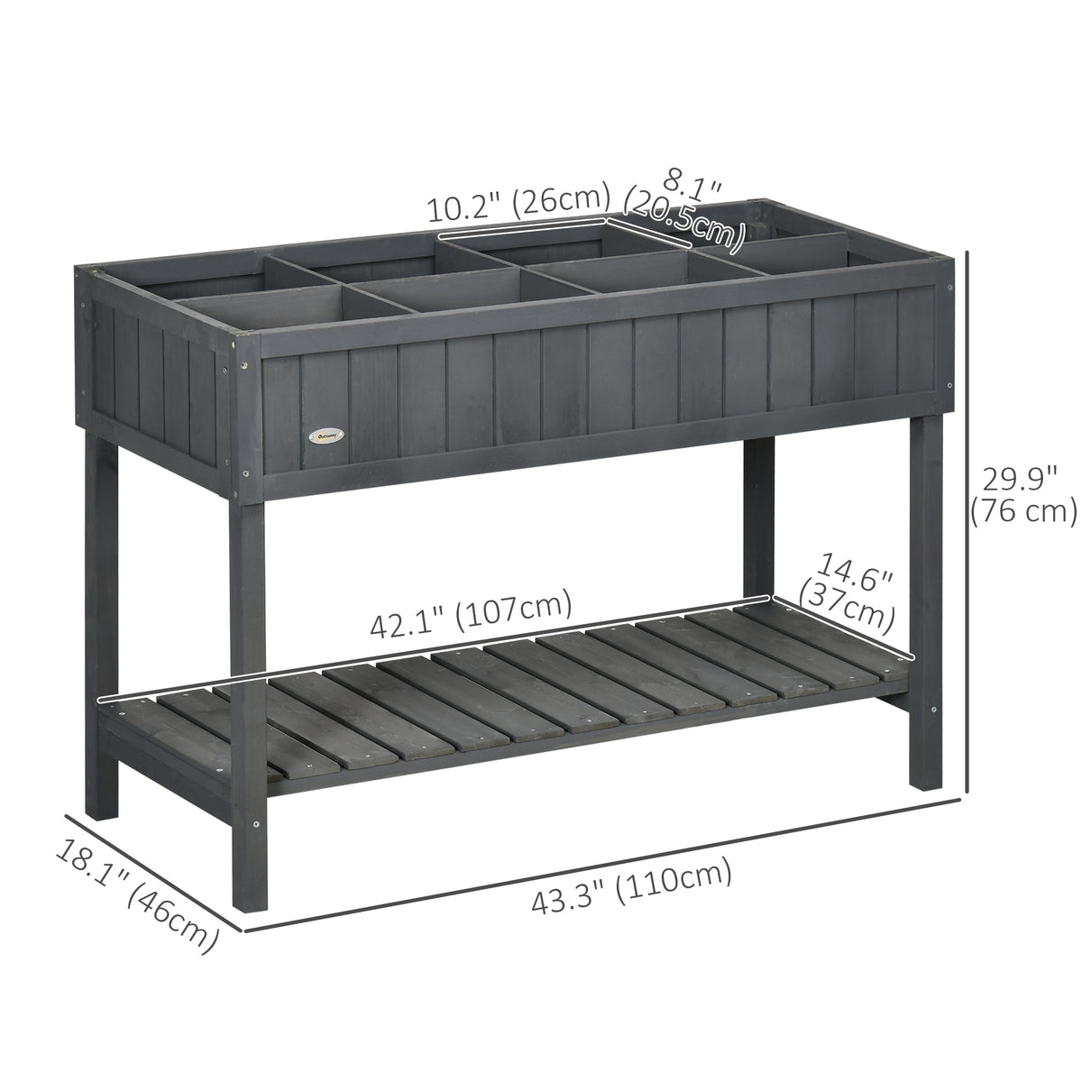 43.25" x 18" x 30" Raised Garden Bed, Wooden Plant Stand with 8 Grid Box, Storage Shelf for Outdoor, Natural Wood Colour