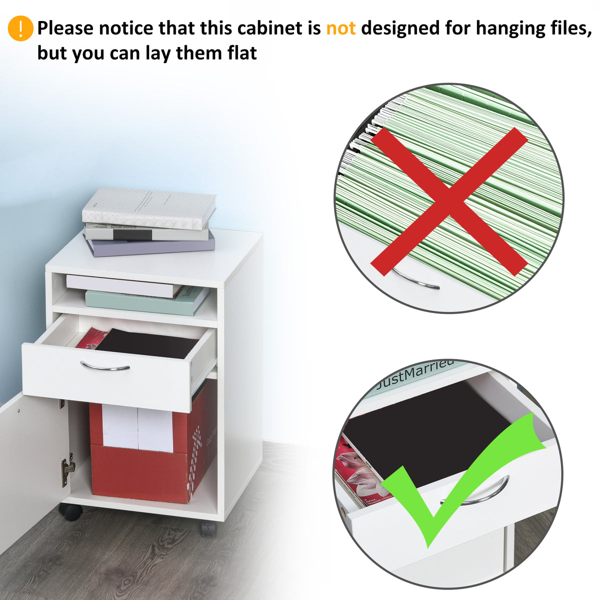 24" Small Filing Cabinet with Open Compartment, Drawer and Wheels, Home Office Storage Cabinet, White