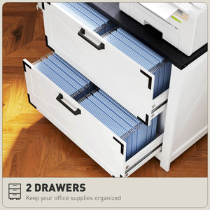 2 Drawer Filing Cabinet, Farmhouse Office Storage Cabinet with Adjustable Hanging Bars for Letter, A4, Legal Size, White