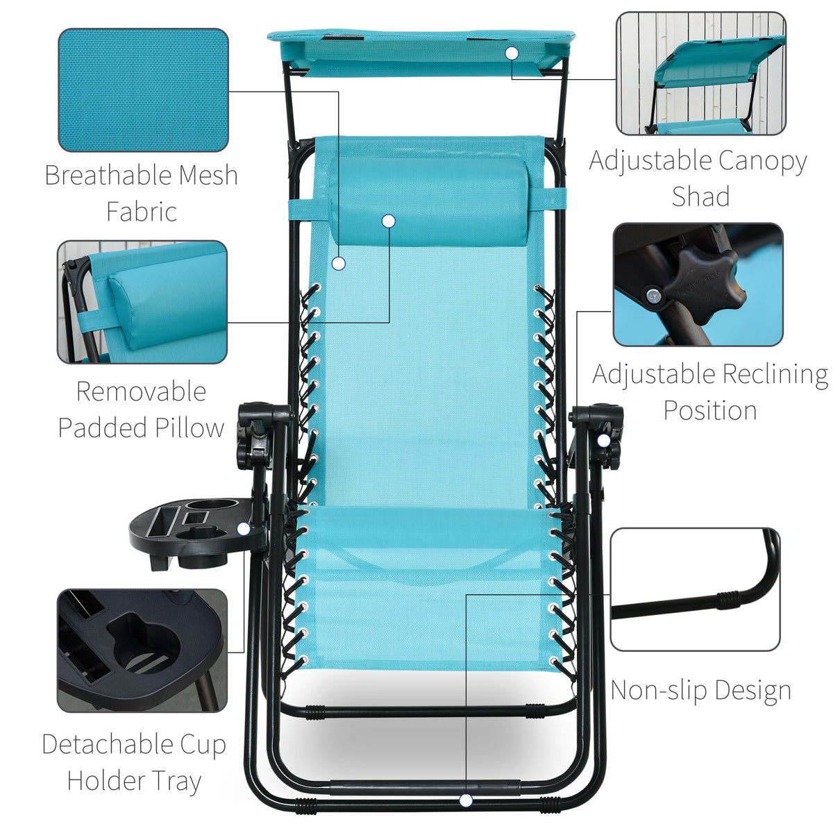 2 Piece Foldable Lounge Chair with Canopy Shade, Outdoor Zero Gravity Chair w/ Side Tray & Cup Holder – view 6