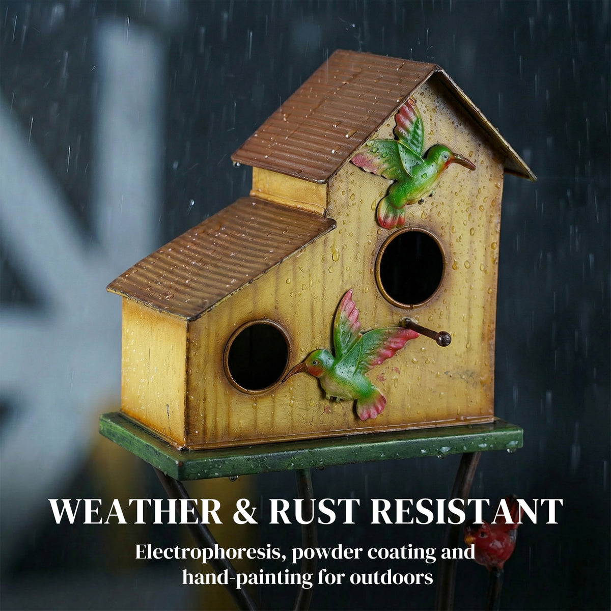 57" Outdoor Bird House with Pole, Metal Bird Houses for Outside, Double-Hole Birdhouse Outdoor Decoration, Yellow