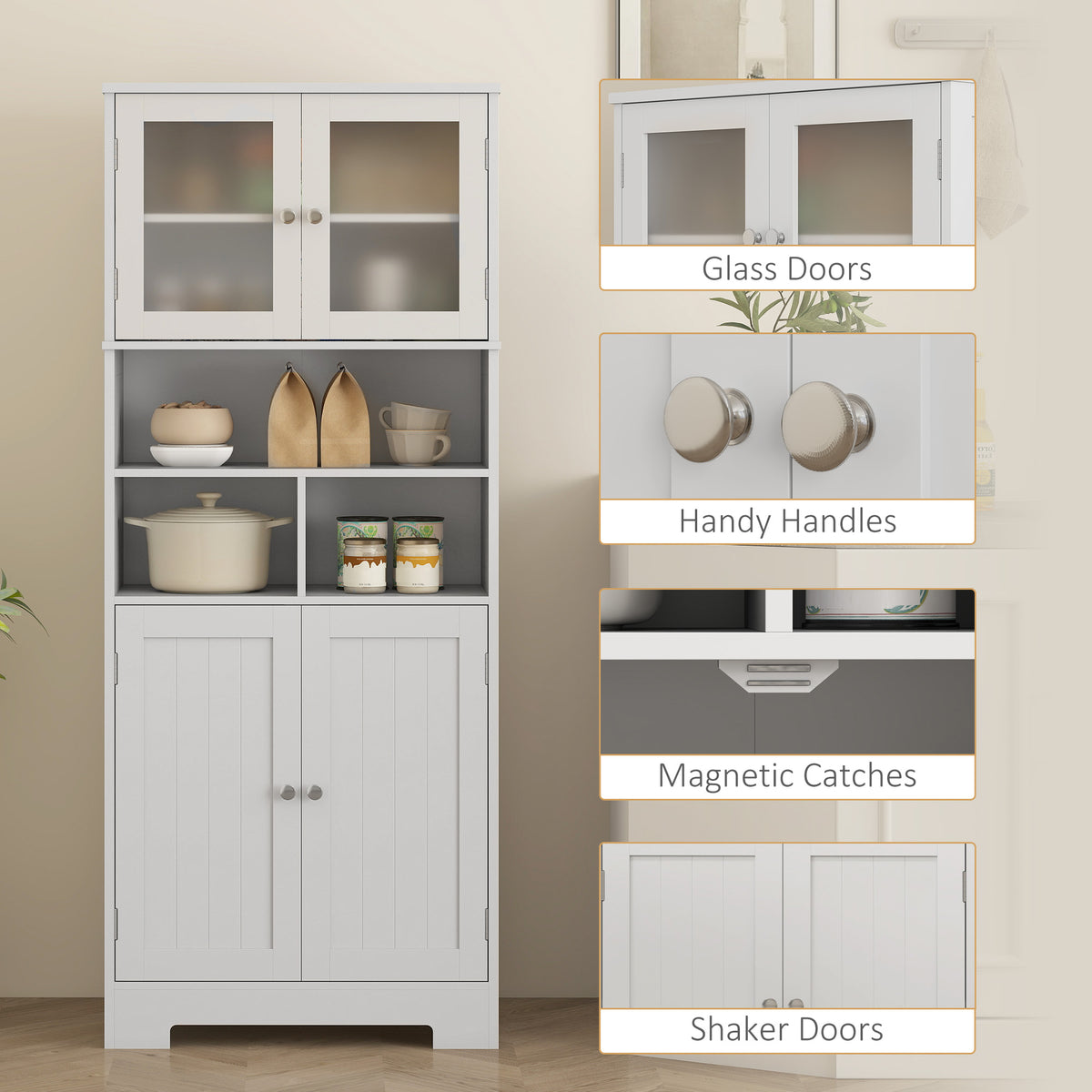 57" Kitchen Pantry, Freestanding Pantry Storage Cabinet with Glass Doors, Adjustable Shelves, Open Compartments, White