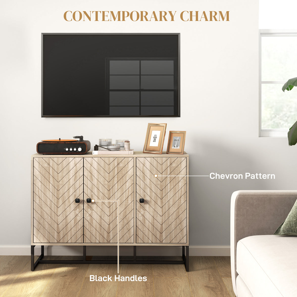Modern Sideboard, Buffet Cabinet with Adjustable Shelves, 3 Chevron Doors for Living Room, Hallway, Oak Wood Grain