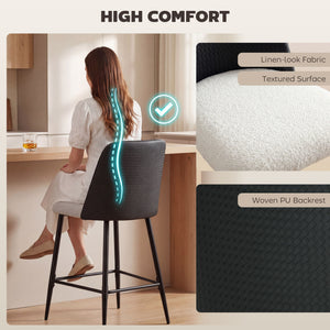 Bar Stools Set of 2, 26" Counter Height Bar Stools with PU Backrest, Linen-look Fabric Seat, Black