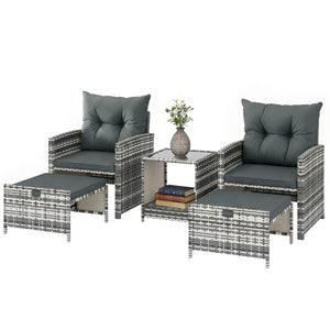 5 Piece Patio Furniture Set, Wicker Patio Chairs with Ottomans, 2-Tier Glass Coffee Table and Cushions