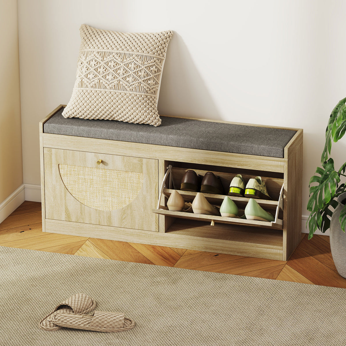 Shoe Bench with Flip Doors, Seat Cushion, Adjustable Shelves for 8 Pairs, Boho Entryway Bench for Bedroom, Natural Wood