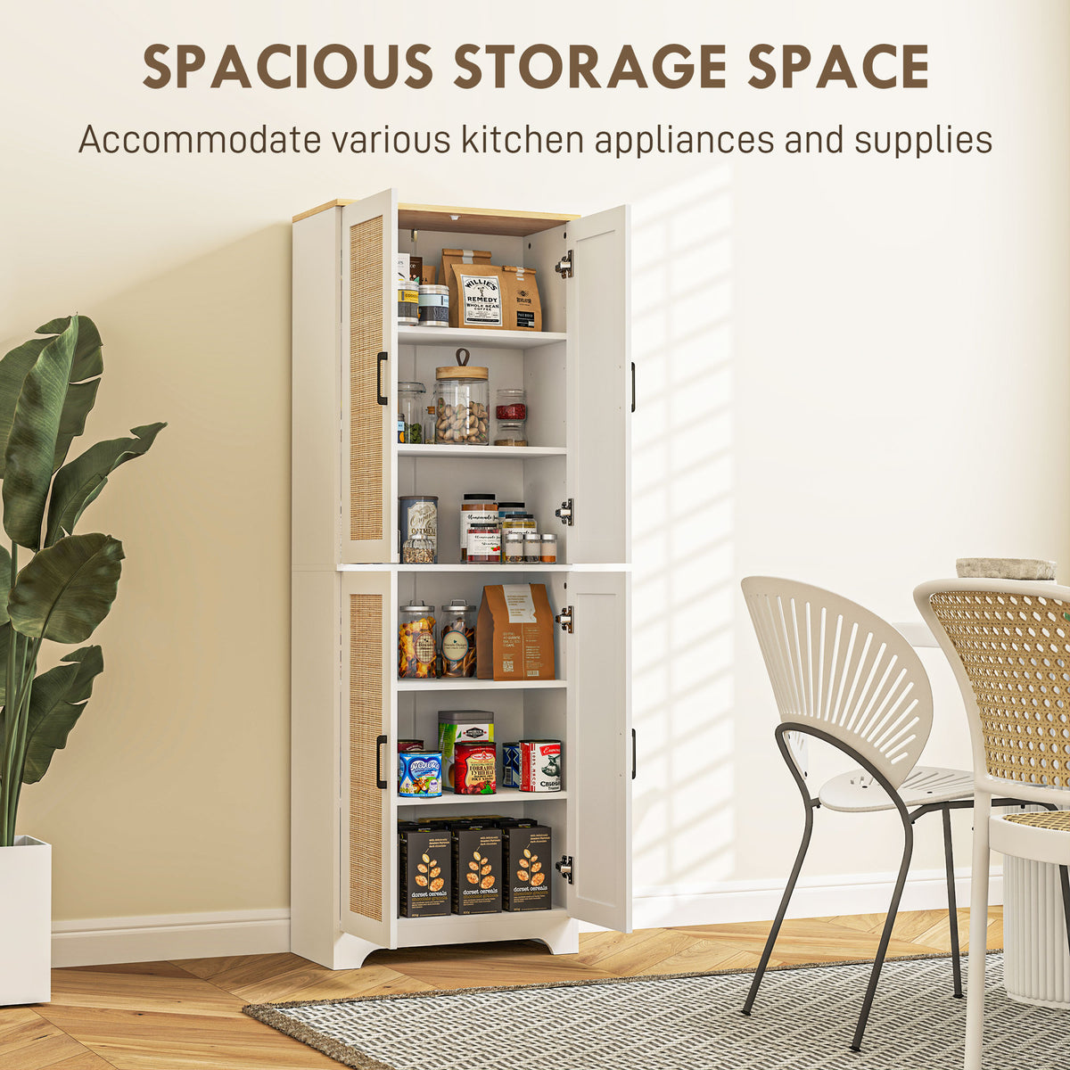 67" Tall Kitchen Pantry, Freestanding Kitchen Storage Cabinet with 4 Rattan Doors and Adjustable Shelves – view 10
