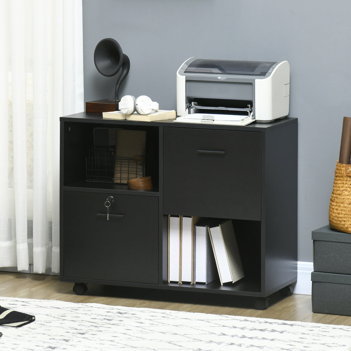 Mobile Printer Stand, Lateral File Cabinet with Lock, Filing Cabinet with Hanging Bars for Letter, A4 Size, Black