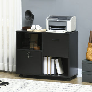 Mobile Printer Stand, Lateral File Cabinet with Lock, Filing Cabinet with Hanging Bars for Letter, A4 Size, Black