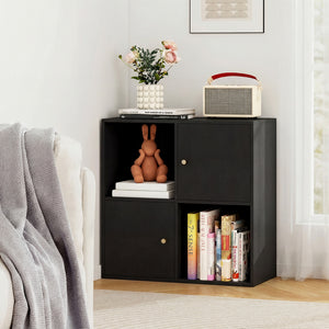 4-Cube Bookcase 3-Tier Bookshelf with Dual Anti-Tipping Kits and 2 Cabinets-Black view 3