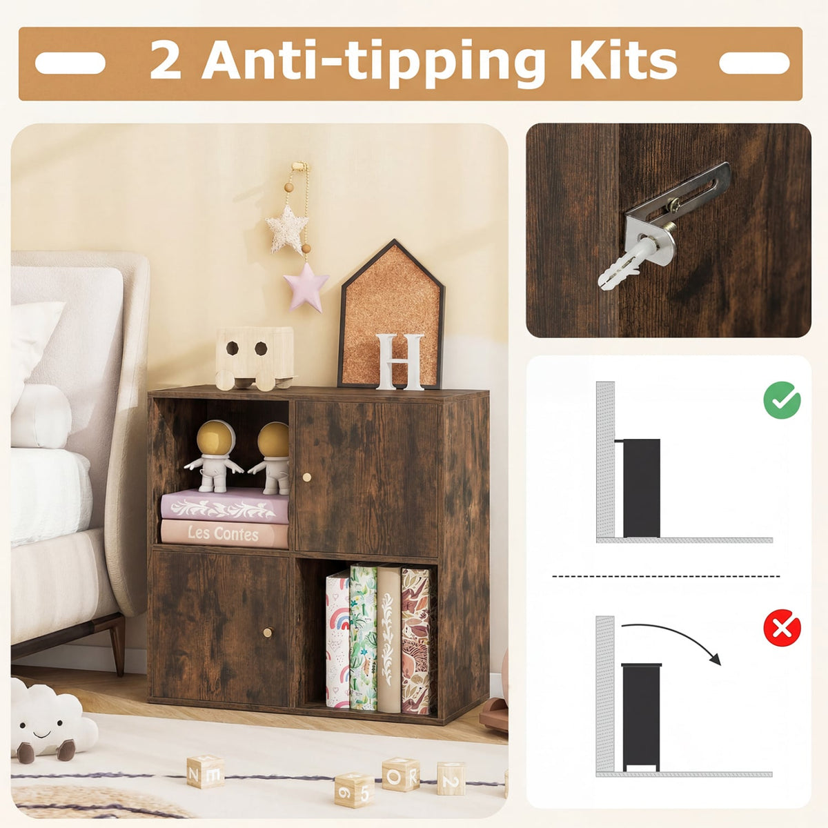 4-Cube Bookcase 3-Tier Bookshelf with Dual Anti-Tipping Kits and 2 Cabinets-Brown view 7