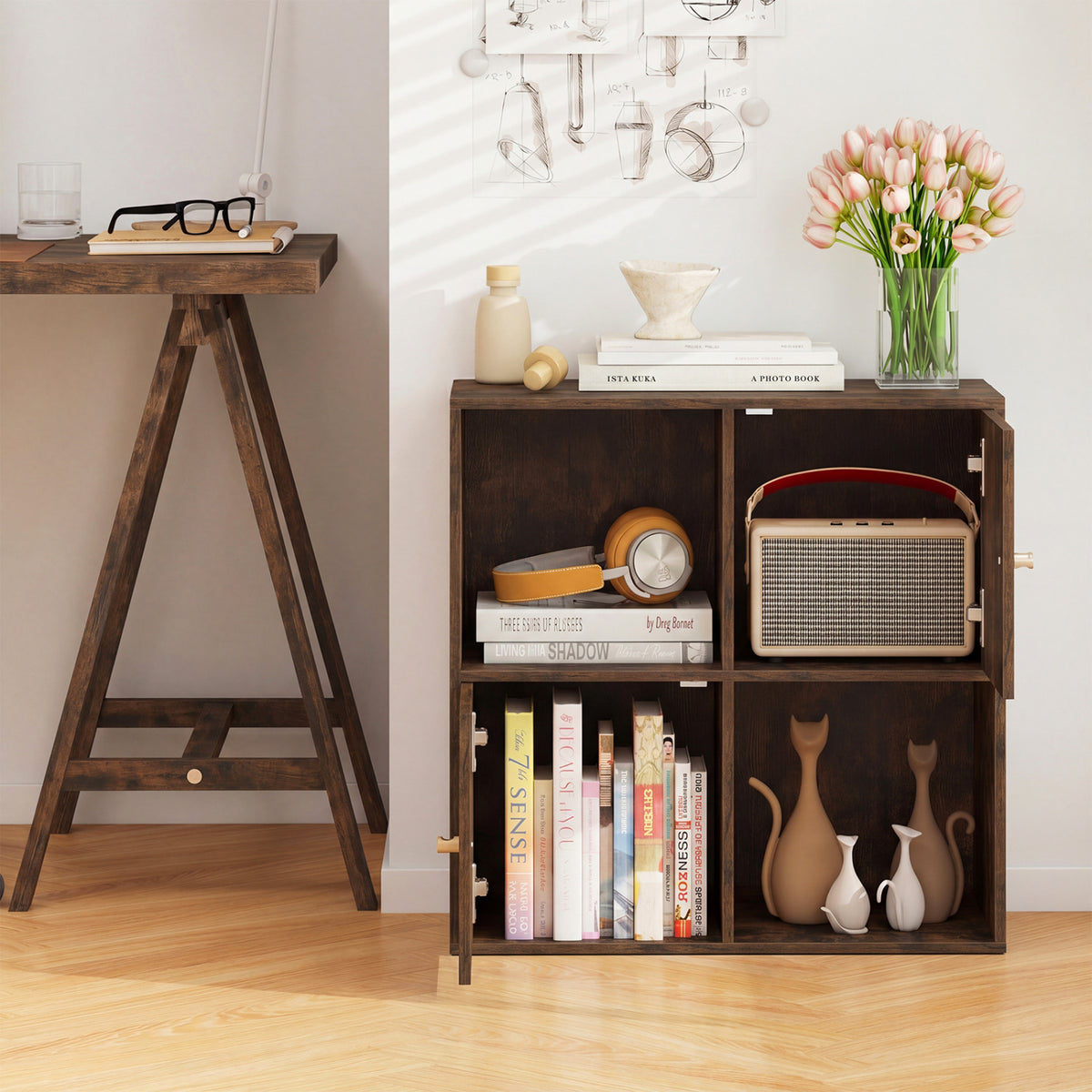 4-Cube Bookcase 3-Tier Bookshelf with Dual Anti-Tipping Kits and 2 Cabinets-Brown view 9
