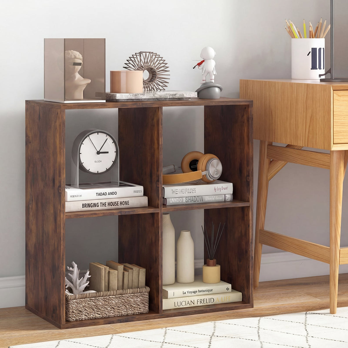 4 Cube Bookshelf with Back Guardrail for Living Room Bedroom-Coffee view 3