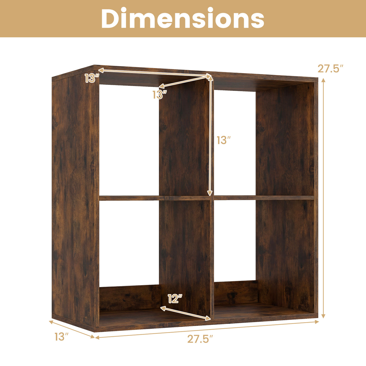 4 Cube Bookshelf with Back Guardrail for Living Room Bedroom-Coffee view 5