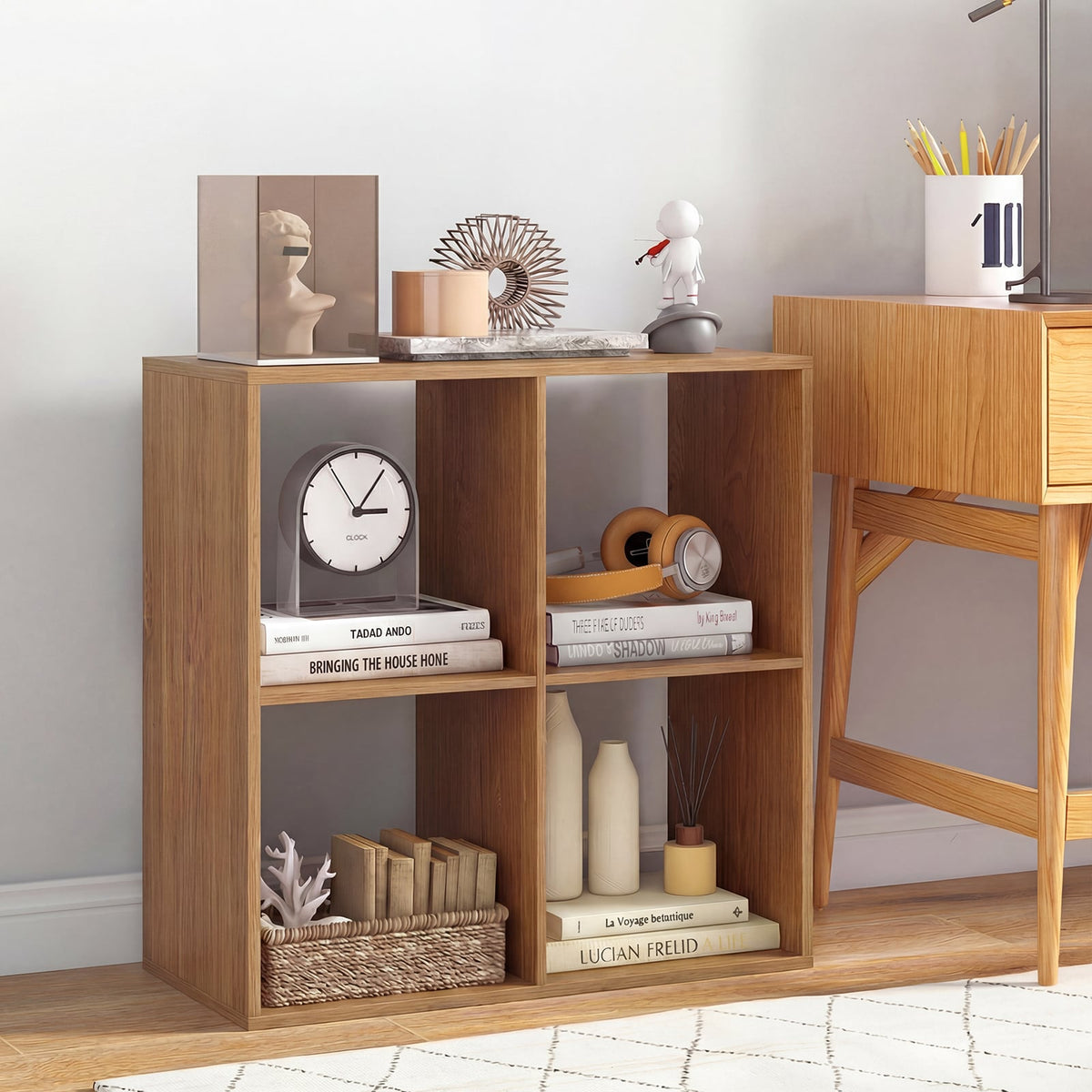 4 Cube Bookshelf with Back Guardrail for Living Room Bedroom-Natural view 2