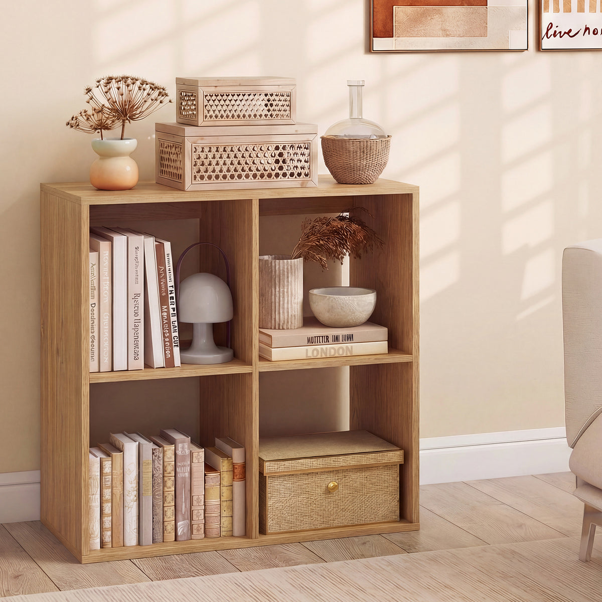 4 Cube Bookshelf with Back Guardrail for Living Room Bedroom-Natural view 3