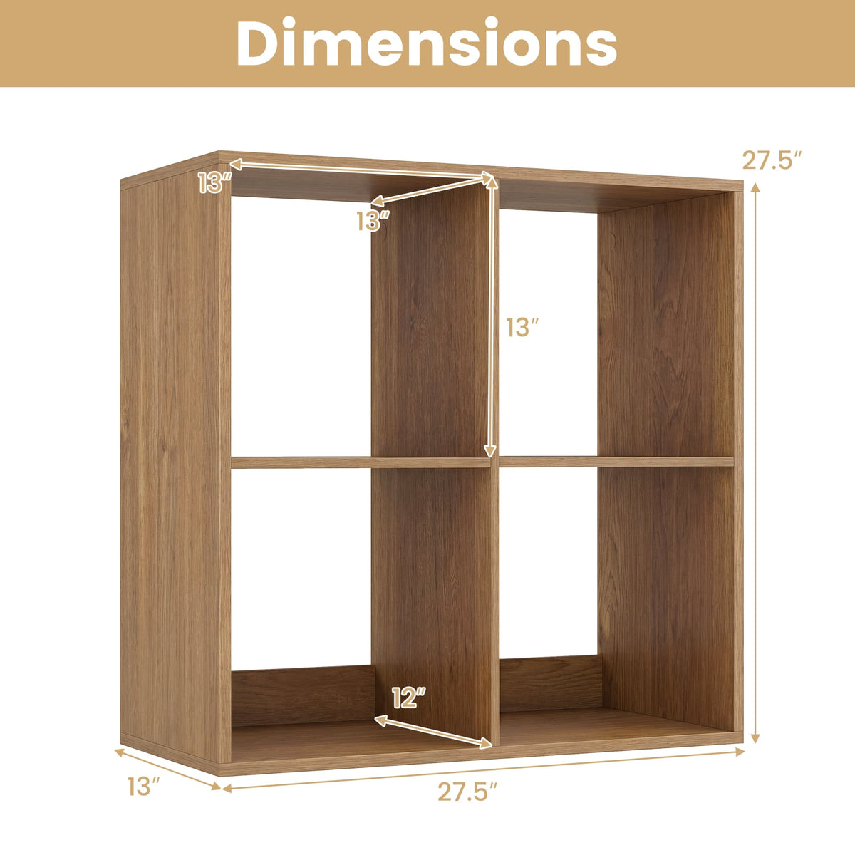 4 Cube Bookshelf with Back Guardrail for Living Room Bedroom-Natural view 5