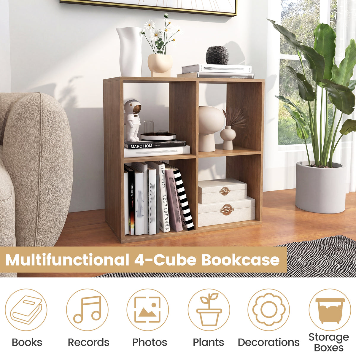 4 Cube Bookshelf with Back Guardrail for Living Room Bedroom-Natural view 7