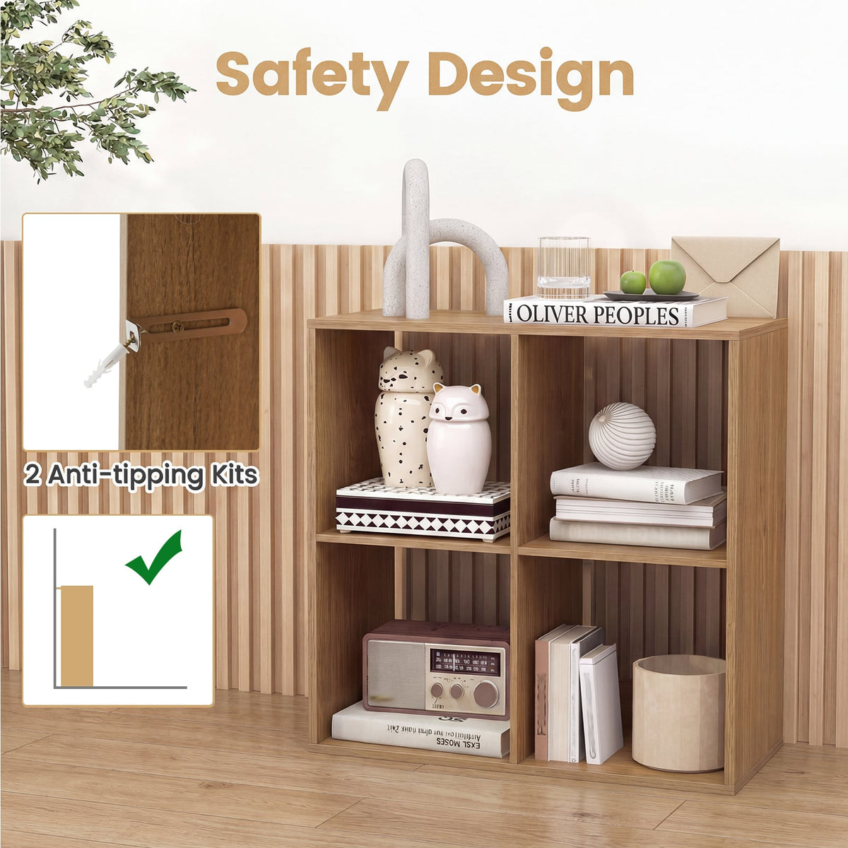 4 Cube Bookshelf with Back Guardrail for Living Room Bedroom-Natural view 8