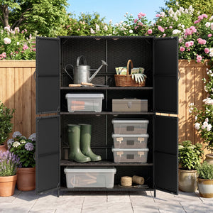 4-Door Rattan Vertical Storage Shed with Adjustable Shelves-Black view 6