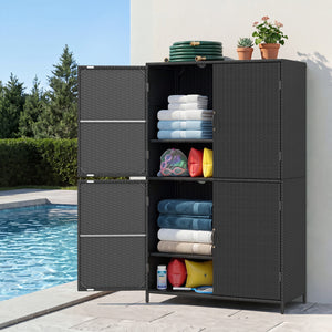 4-Door Rattan Vertical Storage Shed with Adjustable Shelves-Black view 2