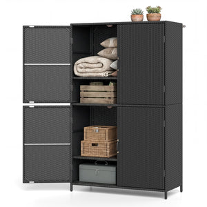 4-Door Rattan Vertical Storage Shed with Adjustable Shelves-Black