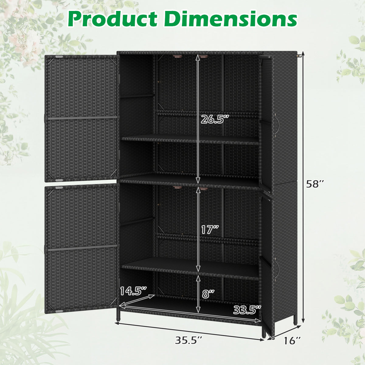 4-Door Rattan Vertical Storage Shed with Adjustable Shelves-Black view 5
