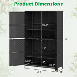 4-Door Rattan Vertical Storage Shed with Adjustable Shelves-Black view 5