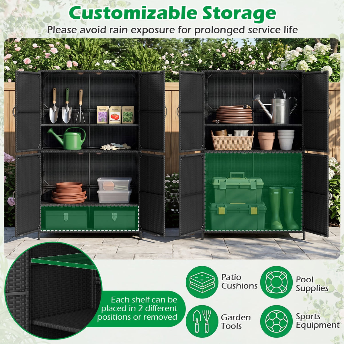 4-Door Rattan Vertical Storage Shed with Adjustable Shelves-Black view 7
