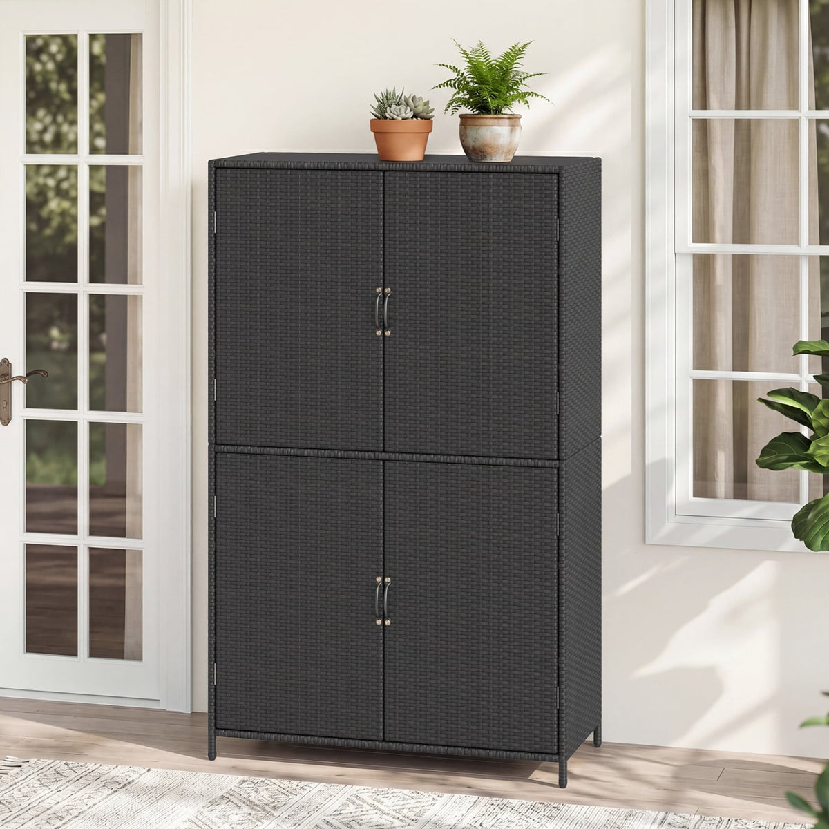 4-Door Rattan Vertical Storage Shed with Adjustable Shelves-Black view 3