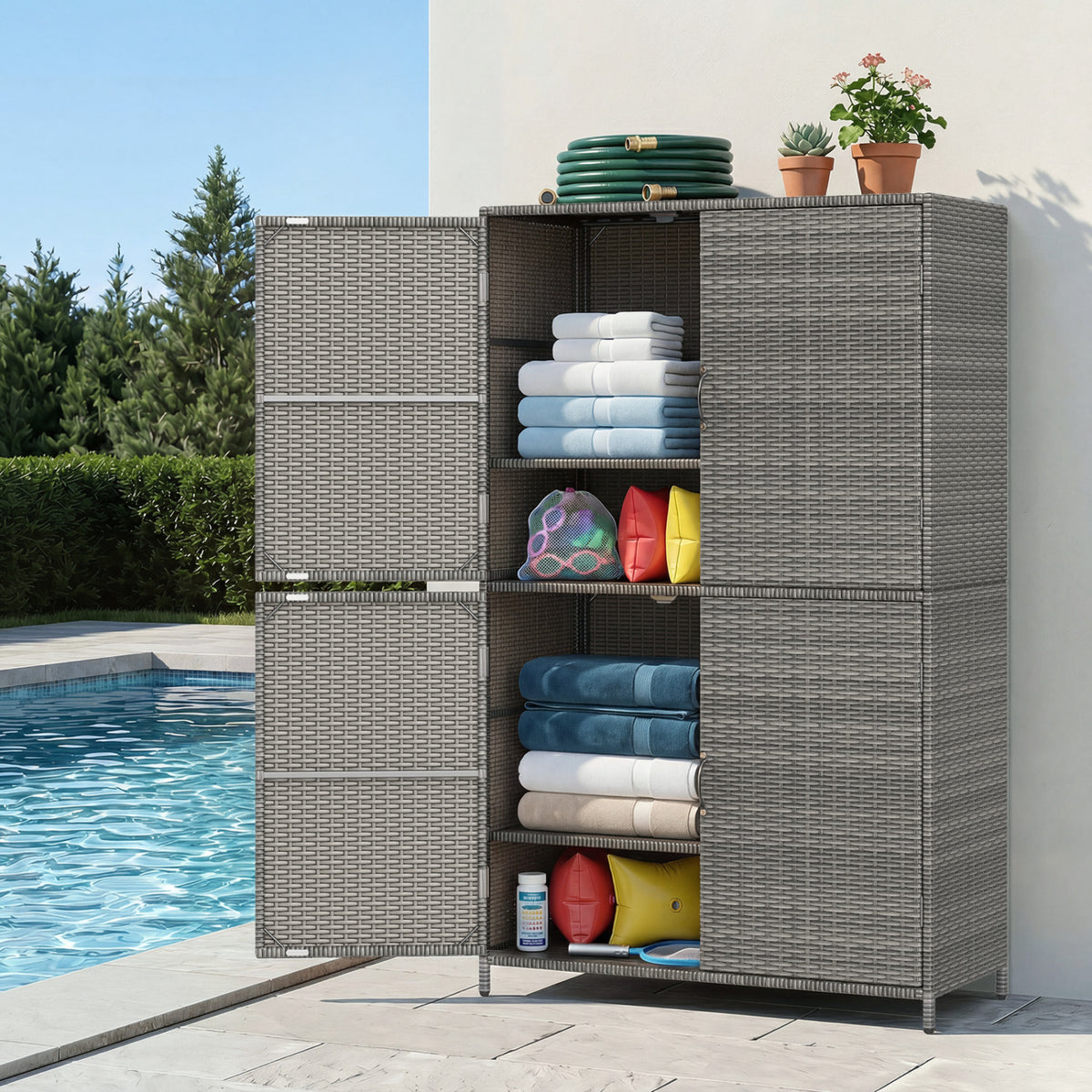 4-Door Rattan Vertical Storage Shed with Adjustable Shelves-Gray view 2