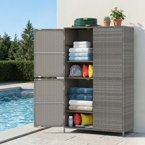 4-Door Rattan Vertical Storage Shed with Adjustable Shelves-Gray view 2