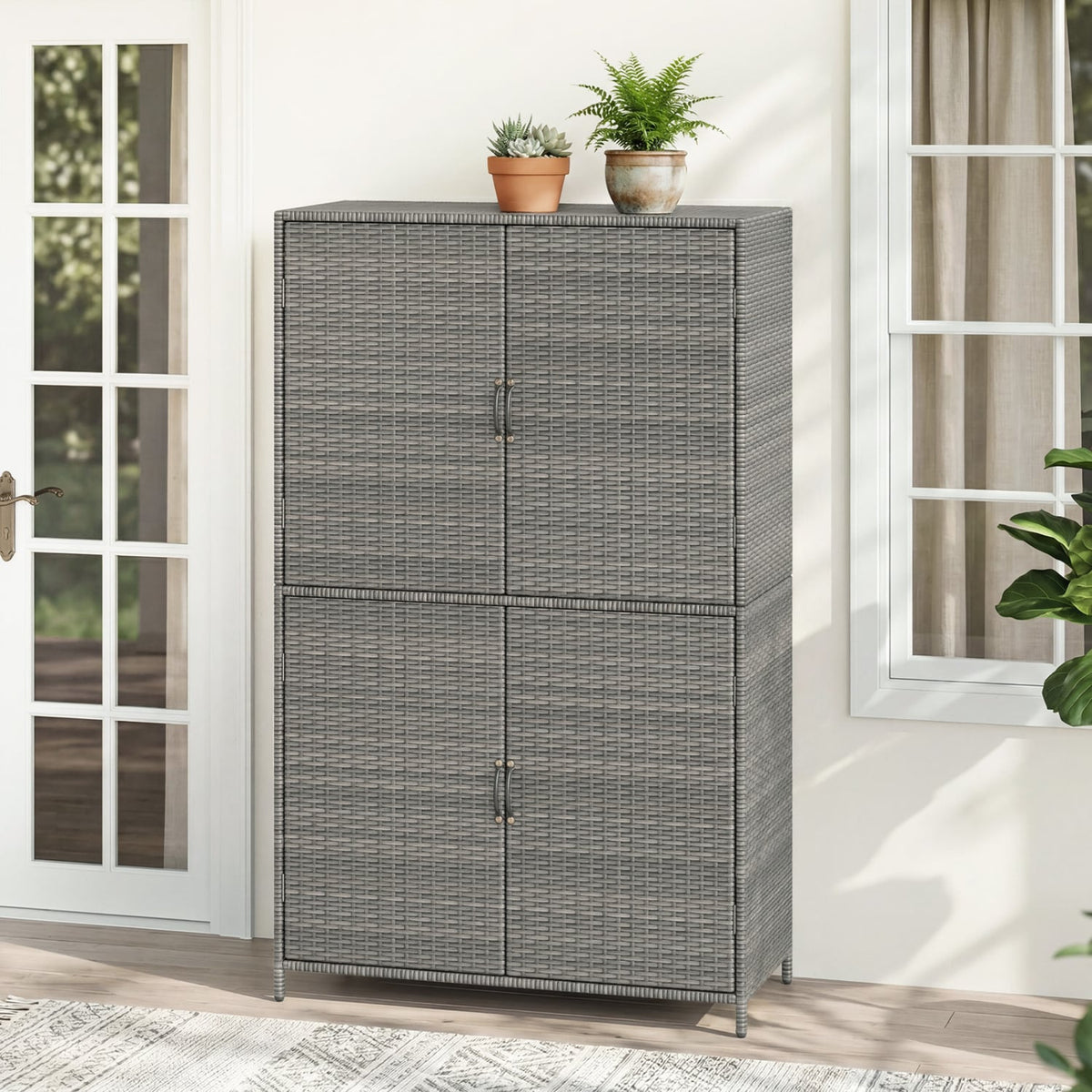 4-Door Rattan Vertical Storage Shed with Adjustable Shelves-Gray view 3