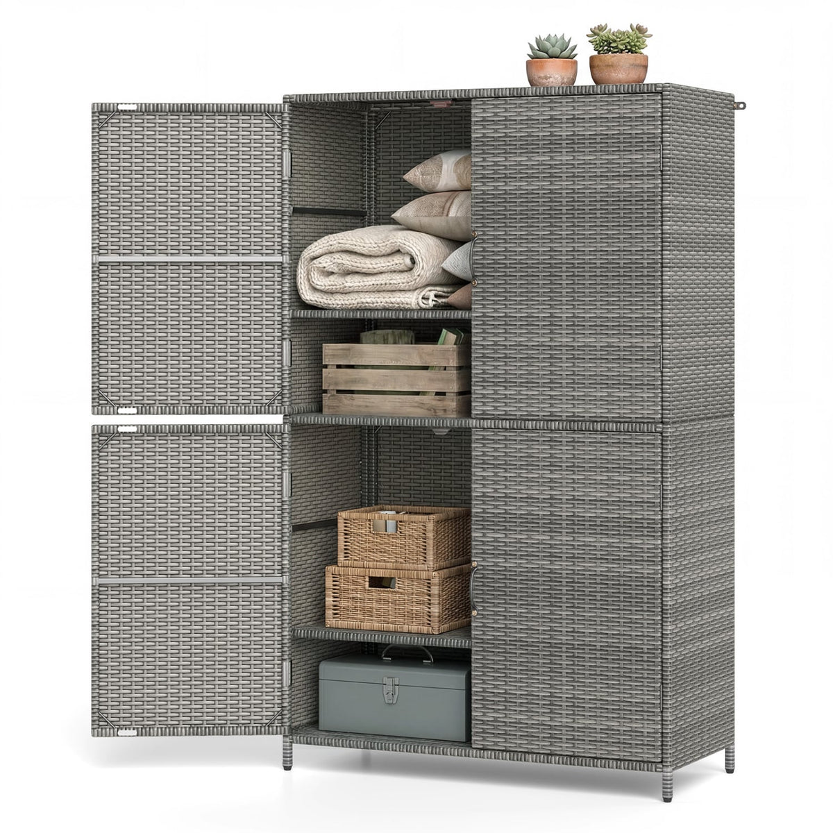 4-Door Rattan Vertical Storage Shed with Adjustable Shelves-Gray